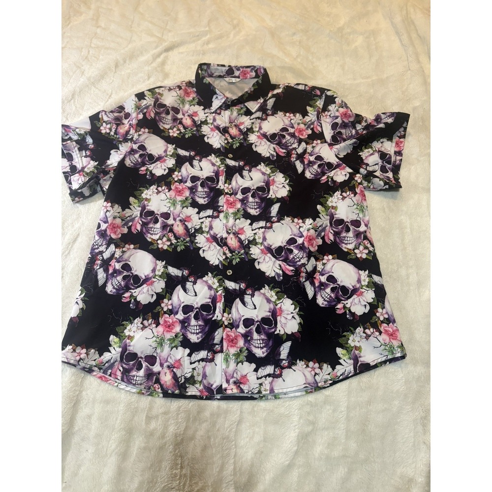 SheLucki Skull Floral Hawaiian Shirt Button Up Short Sleeve Multicolor Size XL